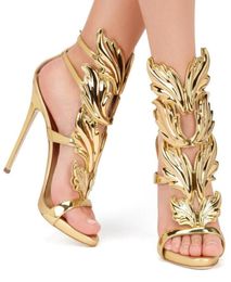 Golden Metal Wings Leaf Strappy Dress Sandal Silver Gold Red High Heels Shoes Women Metallic Winged Sandals33183534358608