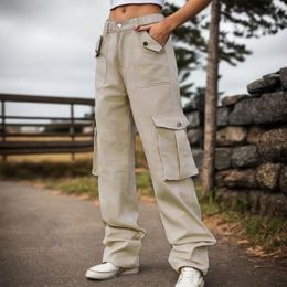 Women's Jeans Cargo Trousers Fashion Casual High Waist Solid Elastic Sweatpant Pockets Long Jogger Pants Ropa De Mujer