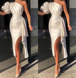 Cheap Sexy Cocktail Party Dresses One Shoulder Knee Length Side Slit Satin Short Prom Dresses Graduation Gowns vestidos de fiesta 8168256