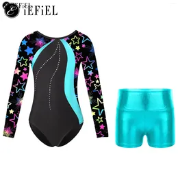 Stage Wear Kids Girls Long Sleeve Printed Ballet Dance Leotard With Shorts Gymnastics Tumbling Yoga Biketard Ice Skating Bodysuit Sets