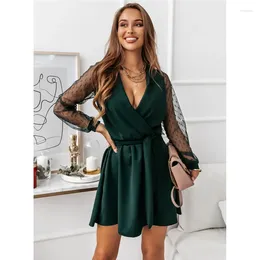 Casual Dresses Autumn And Winter Women's Fashion Black Elegant Lace Up Mini Dress V-neck Long Sleeve Vestidos S-3XL