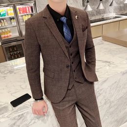Men's Suits High Quality 2024 Men (suit Vest Trousers) British Fashion Slim Handsome Trend All-in-one Banquet Three-piece Set Blaze