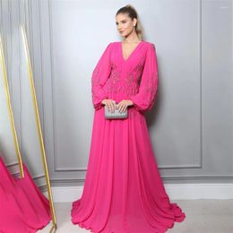 Party Dresses Fuchsia Beach Special Occasion V Neck Long Sleeves Formal Gown Embroidery Evening Vestidos De Fiesta