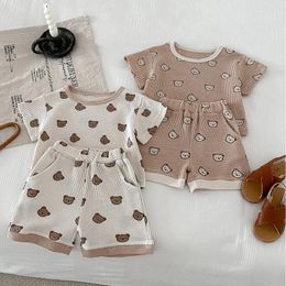 Clothing Sets 22125 Baby Set 2024 Summer Short Sleeve Boy's Suit Waffle Cute Bear T-shirt Shorts 0-3Year Two Piece