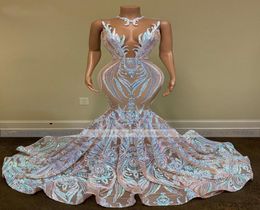 Black Girls Sparkly Sequin Long Prom Dresses 2022 Sexy sheer o Neck Mermaid African Women Gala Evening Party Gowns robes8317899