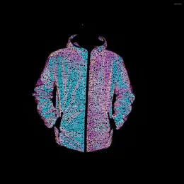 Men's Jackets 2024 Autumn Winter Colourful Reflective Hooded Jacket Mens Harajuku Hip Hop Night Club Reflect Light Shiny Coats Windbreaker