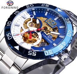 Forsining Mechanical Mens Watch Top Brand Luxury Automatic Man Watch Stainless Steel Skeleton Blue Dial Waterproof Casual Clock4576191