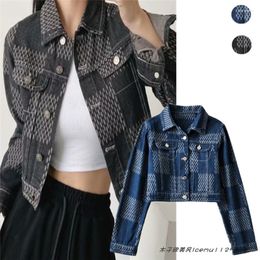 Women's Jackets Fashion Ins Black Flower Chessboard Plaid Short Denim Coat Autumn High Waist Slimming All-Matching Long Sleeve Jacket Top