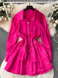 Casual Dresses Est 2024 Spring Summer Layered Cake Satin Shirt Dress Women's Long Puff Sleeve Single Breasted Elastic Waist Mini Vestidos