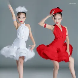 Stage Wear Girls Professional Latin Dance Dress White Fur Ballroom Competition Clothes Dresses Kids Chacha Salsa