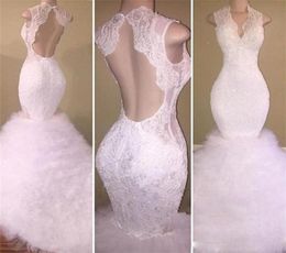 Gorgeous White Lace Prom Dresses Deep V Neck Open Sexy Back Mermaid Evening Dress Puffy Tutu Tulle Sweep Train Backless Party Dres7495094