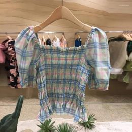 Women's Blouses Korean Dongdaemun Clothing 2024 Summer Sweet Square Collar Pleated Puff Sleeve Plaid Shirt Slimming Top