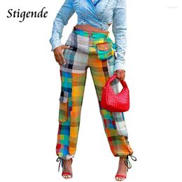 Women's Pants Stigende Y2K Print Plaid Cargo Women Drawstring Lantern Lace Up Pocket Patchwork Trousers Hippie Streetwear