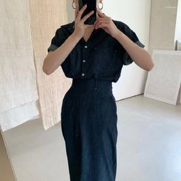 Work Dresses Summer Retro Lapel Short Sleeved Denim Shirt Medium Length High Waisted Skirt Set Women Suits