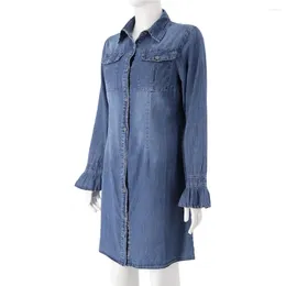 Casual Dresses Women Lapel Shirt Dress Soft Vintage Lady Mini With Single-breasted Long Sleeves Patch Pockets For