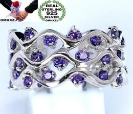 OMHXZJ Whole European With Side Stones Fashion Woman Girl Party Wedding Gift Silver Purple Wave Amethyst 925 Sterling Silver R1884678