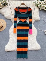 Casual Dresses SINGREINY Striped Knit Long Dress Women Elegant O Neck Homewear Sleeve Elastic Waist Lady Winter Sweater