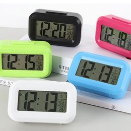 Plastic Mute Alarm Clock LED Smart Temperature Photosensitive Bedside Digital Alarm Clocks Snooze Nightlight Calendar Desk Table Clock