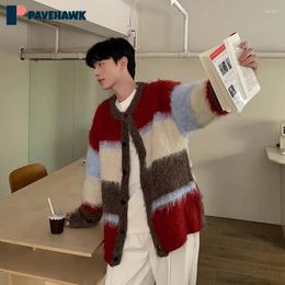 Men's Sweaters Colour Block Knitted Sweater Cardigan Man Woman Winter Lazy Loose Retro Knit Coats American Couple Oversized Round Neck