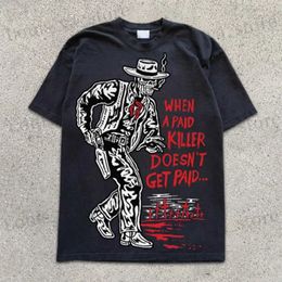 Men's T-Shirts Strtwear Y2K T Shirt Men Hip Hop West Cowboy Print Skeleton Round Neck Cotton Oversized Tshirt New Harajuku Short Slved Tops T240419