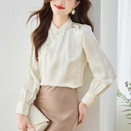 Brand Womens Silk Shirt 2024 Spring Wear New Age Reducing Style Slimming Silkworm Top