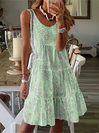 Basic Casual Dresses Casual Floral Print Women Dress Summer Fashion O Neck Sleeveless Loose Office Beach Party Dresses Female Elegant Holiday Dress 240419