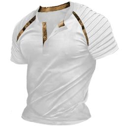 Mens Casual Henley Shirt Fashion Raglan T Shirt Plain Slim Pleated Henley Daily Short Sleeve Patchwork Pleats Clothing Apparel 240416