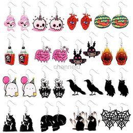 Other Halloween Earrings Cute Cartoon Cat Crow UFO Bat Design Dangle Earrings Acrylic Jewellery Versatile Accessories 240419