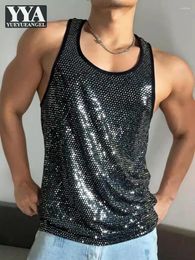 Men's Tank Tops Mens Summer Shiny Sequined Gym Bodybuilding T-Shirt Designer Casual Night Clubwear Training Slim Fit Strap Tees