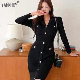 Casual Dresses Black Elegant Knitting Bodycon Mini Dress Women Sexy V Neck Slim Long Sleeve Button Wrap Hip Short Korea Chic Autumn 2024