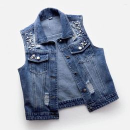 Women's Vests Women Waistcoat Vintage Beaded Denim Vest For Lapel With Hop Streetwear Style Solid Colour Fall Spring Fashion