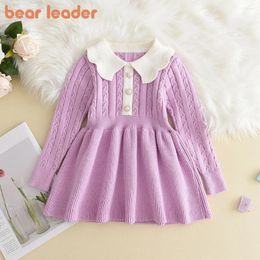 Girl Dresses Bear Leader Winter Girls Knitting Wool Long Sleeve Dress Autumn Baby Ruffle Knitted Princess Sweater Casual Clothes