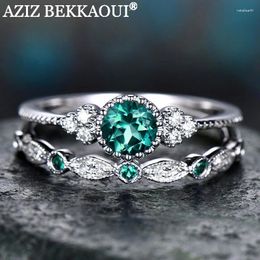 With Side Stones AZIZ BEKKAOUI Vintage Green Stone Crystal Wedding Ring For Women Classical Engagement Rings Promise Jewelry Gift