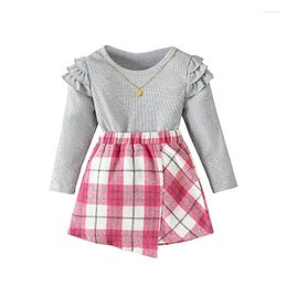 Clothing Sets Toddler Girls 2Pcs Fall Outfits Ruffle Long Sleeve Round Neck Tops Plaid Skirt Set Baby Clothes