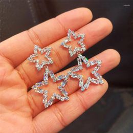 Dangle Earrings Huitan Double Star With Crystal Geometric Cz Stone For Women Stylish Girls Dance Party Trendy Jewellery