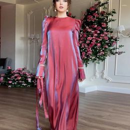 Casual Dresses 2024 Elegant O-neck Sparkling Glazed Satin Dress Women Sexy Lace-up Belted Long Party Autumn Sleeve Muslim Maxi