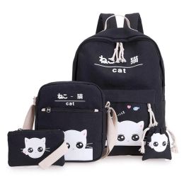 Bags 3 Set Canvas School Bags Cartoon Cat School Backpacks School Bag for Girl Teenagers Child Schoolbag Student Bagpack Shoulder Bag