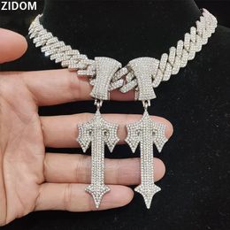 Men Women Hip Hop Letter Iced Out Cross Sword Necklaces 15mm Width Rhombus Cuban Chains HipHop Pendant Necklace Charm Jewellery 240323