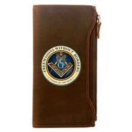 Wallets Free and Accepted Masons Printing Genuine Leather Wallet Men Long Purse with Phone Bag Zipper Card Holder Clutch