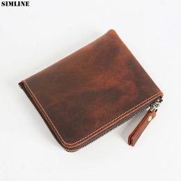 Wallets Genuine Leather Wallet For Men Women Vintage Cow Short Small Slim Mini Zipper Male Purse Credit Card Holder Bag With Coin Pocket