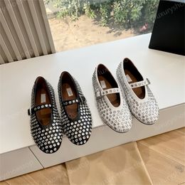 Luxury Flat bottomed Dress Shoes Designer Shoes Women Round Toe Rhinestone Boat Shoe Luxurious Leather Rivet Buckles Mary Jane Shoes Comfortable Ballet Beach