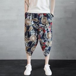 Erkek pantolon geniş bacaklı Çin tarzı retro baskı kırpılmış pantolon yan cepli elastik bel çekme