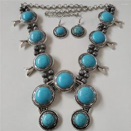 Necklace Earrings Set 2024 Statement Blue Round Resin Stone Women Boho Ethnic Retro Maxi Long Big