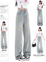 Women's Jeans WCFCX STUDIO 2024 Embroidery Floral Women Summer Vintage High Waist Denim Pants Streetwear Casual Straight Leg