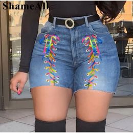 Plus Size Sexy White Blue Hollow Out Denim Shorts 4XL Summer Women High Waist Ripped Tassel Short Jeans Lace Up Bandage pants 240409