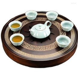 Tea Trays Ceramic Cups Teapot Set Round Plates Bamboo Wood Tray Hollow Sunflower Water Storage Dish Kung-Fu Gifts