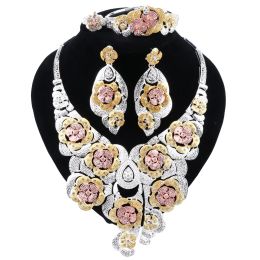 Sets New Indian Bridal Jewellery Set for Women Goldcolor Necklace Earrings Bracelet Ring Party Jewellry Sets Gift