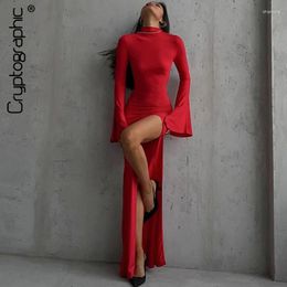 Casual Dresses Open Back Sexy Split Maxi Dress Elegant Outfits For Women Chic Flare Sleeve Party Club Fashion Red Vestido