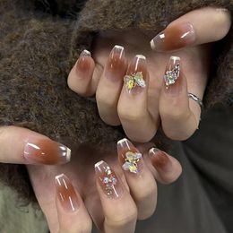 False Nails 24pcs/box White Edge Wholesale Maillard Brown Smudged Transparent Wear Butterfly Flower Aurora Fake