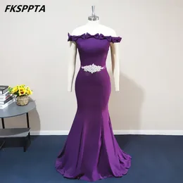 Party Dresses Long Purple Evening Dress Cute Bows Silver Crystal Belt Off The Shoulder Formal Gowns For Vestido De Festa